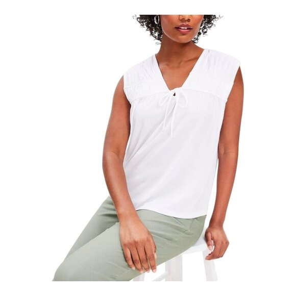 Ann Taylor Loft Shirred Tie Neck Top Size XL White Sleeveless Cotton Modal - Picture 1 of 5
